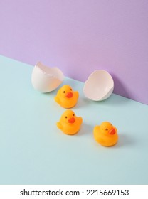 Creative Layout. Rubber Ducks With Eggshell On Two Tone Pastel Background. Conceptual Pop. Minimal Still Life.