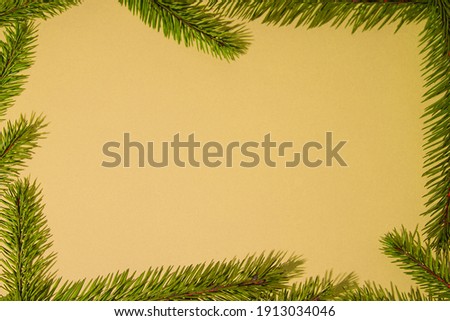 Creative layout with twigs of pine needles on a background with a hint of champagne. Minimal nature is the idea of love.