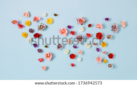 Creative layout world map made with various spring flowers background. Flat lay. Nature concept.