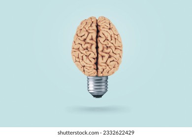 Creative light bulb brain on a light blue background. Brainstorm. Think differently, concept. Creative thinking. fresh thought