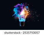 Creative light bulb explodes with colorful dry paint, sparks and splashes on a black background, concept. Think differently creative idea concept. Motion Color drop in water, Ink swirling