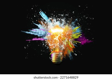 Creative light bulb explodes with colorful paint splashes and shards of glass on a black background. Think differently creative idea concept. Dry paint splatter. Brainstorm and think - Shutterstock ID 2271648829
