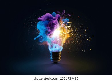 Creative light bulb explodes with colorful dry paint, sparks and splashes on a black background, concept. Think differently creative idea concept. Motion Color drop in water, Ink swirling - Powered by Shutterstock