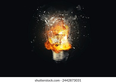 Creative light bulb explodes with fire with fragments and smoke on a black background, concept. Think differently creative idea concept. Dry paint splatter. Brainstorm and think