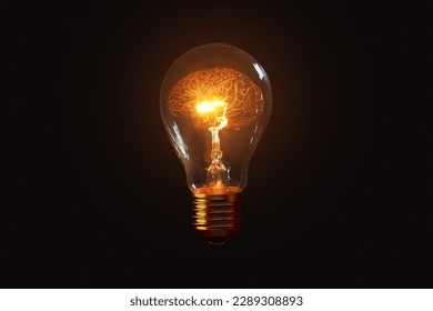 Creative light bulb glows with a brain on a black background, a creative idea. Thinking concept and brainstorm
