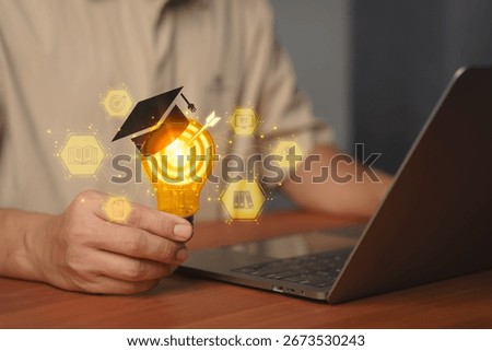 Creative light bulb with graduation cap and digital education icons, symbolizing knowledge, e-learning, innovation, online study, academic success and technology for global digital learning concepts.