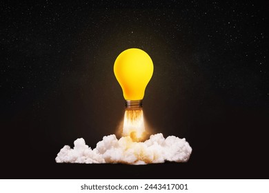 Creative light bulb rocket with blast and smoke takes off on a black background, concept. Successful launch, creative idea. Think differently. Creative generator. Smart and thinking - Powered by Shutterstock