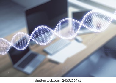 Creative light DNA illustration and modern desktop with pc on background, science and biology concept. Multiexposure - Powered by Shutterstock - Get 15% off with code: PIKWIZARD15