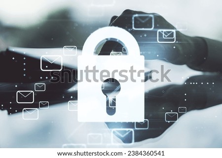 Creative light lock illustration with postal envelopes and finger presses on a digital tablet on background, cyber security and email protection concept. Multiexposure