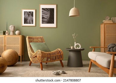 Creative Living Room Interior Composition With Boho Chair, Mock Up Frames, Commodes And Personal Accessories. Sage Green Wall. Template. Copy Space.