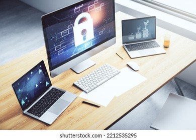 Creative Lock Sketch With Email Symbols Hologram On Modern Laptop Monitor, Protection Of Personal Data Concept. 3D Rendering