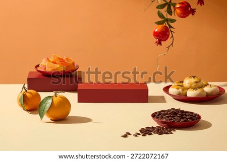 Creative lunar new year composition with red podium, fruits and traditional snacks on orange background. Designed for advertising layouts, banners and promotional visuals