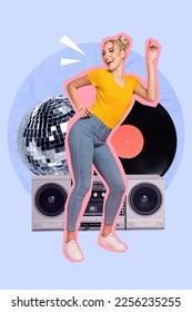 Creative magazine banner collage of youngster lady dance rhythm occasion night club tape recorded gramophone player plate - Shutterstock ID 2256235255