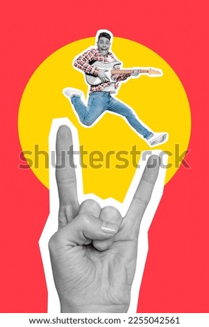 Creative magazine collage of funny guy youth rocker jump up play bank rock song on horned symbol fingers over red yellow bright background