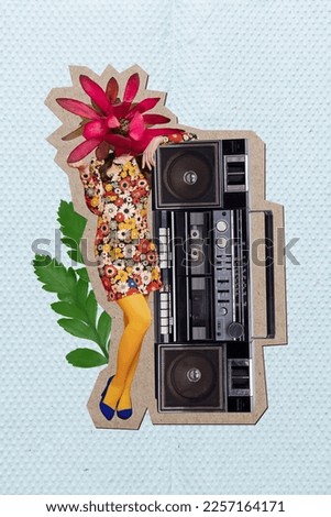 Creative magazine collage of glamour lady with exotic flower face stand boom box festive occasion celebration