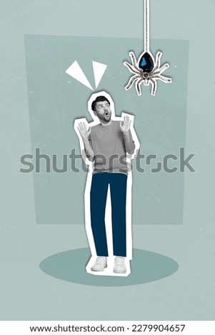 Creative magazine picture collage of scared young person see hanging web spider arachnophobia concept happy halloween