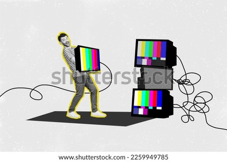 Creative magazine picture collage of young guy carry broken television set repair service concept change old gadget to new