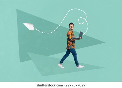 Creative magazine poster collage of smart manager young guy using netbook sending data letter partners - Shutterstock ID 2279577029