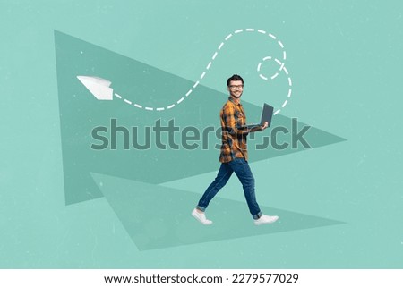 Creative magazine poster collage of smart manager young guy using netbook sending data letter partners