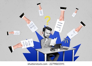 Creative magazine template collage of talented worker busy workload solving difficult question start up challenge - Powered by Shutterstock