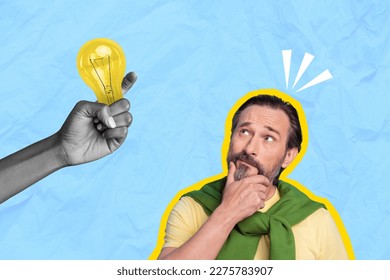 Creative magazine template picture collage of pensive thoughtful businessman deep thinking make solution light lamp bulb - Powered by Shutterstock