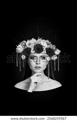 Creative magic mysterious collage of lady wild amazon princess have nature flower wreath beauty procedure