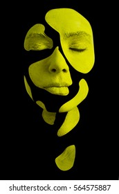 Creative Makeup. Conceptual Idea Of Bold Body Art Painting. Abstract Picture Isolated On Black On Woman Face.