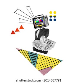 Creative man headed by old TV on background. Modern design. Conceptual bright art collage, art collage