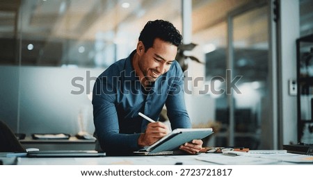 Creative man, tablet and writing in office with stylus for editing, proofreading or publishing in company. Person, decision or editor with ideas, tech and email for proposal with online manuscript