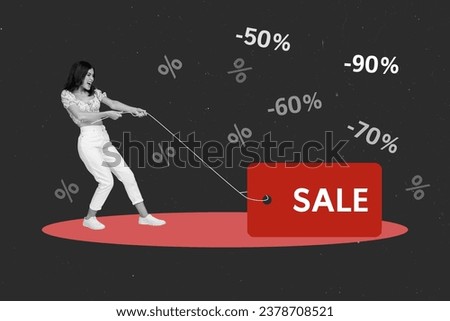 Creative marketing merchandising young girl on collage illustration drag sale label minus fifty percent price isolated on gray background