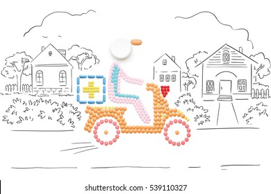 Creative Medicine And Healthcare Concept Made Of Pills, Drugs Motorbike Delivery, On Sketchy Country Background. 