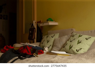 Creative mess of clothes and notes on sofa. Scattered journal pages, pen marks, backpack and jacket nearby, livedin studio vibe, inspiration leftover and relaxed domestic chaos 