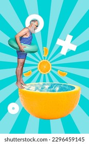 Creative metaphor collage picture summer season concept swimming pool old man jump in vitamins pool party isolated on cyan background