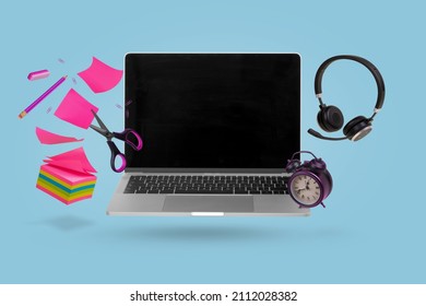 Creative minimal composition made with a laptop, headphones, school supplies and alarm clock flying in the air. Back to school. Online teaching. Minimal, conceptual art. Suitable for advertising - Shutterstock ID 2112028382