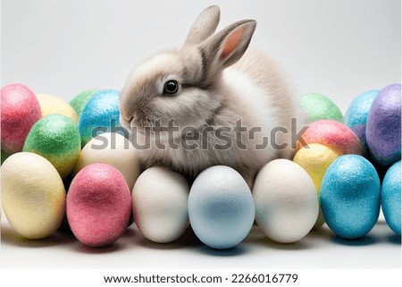 Creative minimal concept. Easter day. Little brown bunny sitting among colored pastel eggs isolated on white background. view, mock up, copy space	
