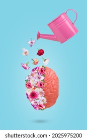 Creative minimal idea made of human brain with flowers and watering can. Conceptual art of Mental Health Awareness, Mental Health Awareness Month, Mental Health and concept for developing positive - Shutterstock ID 2025975200
