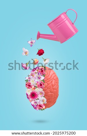 Creative minimal idea made of human brain with flowers and watering can. Conceptual art of Mental Health Awareness, Mental Health Awareness Month, Mental Health and concept for developing positive