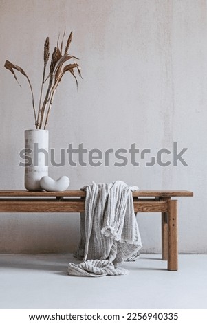 Creative minimalisitc interior composition with elegant wooden bench. Beautiful decorations and accessories. Modern home interior design. Retro inspiration. Copy space. Structure wall. Template.