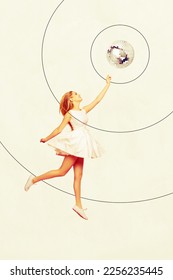 Creative minimalistic photo collage picture artwork poster postcard of beautiful lady hold discoball isolated on white painted background - Shutterstock ID 2256235445