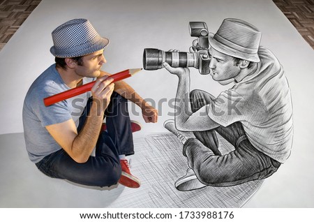 Creative mixed media image showing a man holding a giant red pencil drawing his own reflection which is itself facing the illustrator and holding a big DSLR camera
