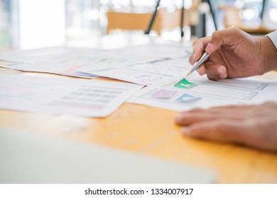 Creative mobile responsive website designer sketch planning application process development prototype wireframe. User experience concept.
