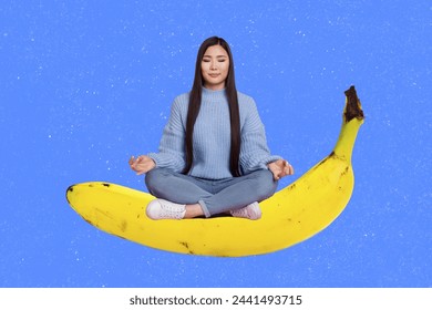 Creative mockup template of pretty lady sit huge banana train yoga meditate isolated blue color background