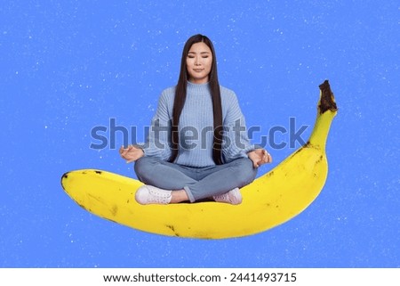 Creative mockup template of pretty lady sit huge banana train yoga meditate isolated blue color background