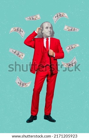 Creative mockup of trend economist guy with president franklin face flying hundred dollars isolated color background