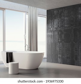 Creative And Modern Bathroom With Blank Wall For Bathroom Cabinet And Toilet Bowl, Empty Room