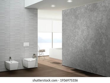 Creative And Modern Bathroom With Blank Wall For Bathroom Cabinet And Toilet Bowl, Empty Room