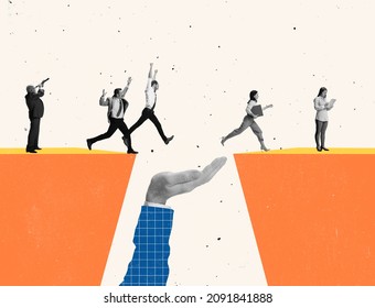 Creative modern design. Contemporary art collage climbing jumping over cliff symbolizing success. Concept of motivation, goal, professional growth, teamwork, support. Copy space for ad