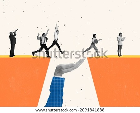 Creative modern design. Contemporary art collage climbing jumping over cliff symbolizing success. Concept of motivation, goal, professional growth, teamwork, support. Copy space for ad