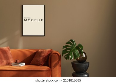 Creative modern luxury living room interior design with mock up poster frame, stylish sofa, flower in vase and elegant accessories. Beige wall. Minimalistic concept. Template.