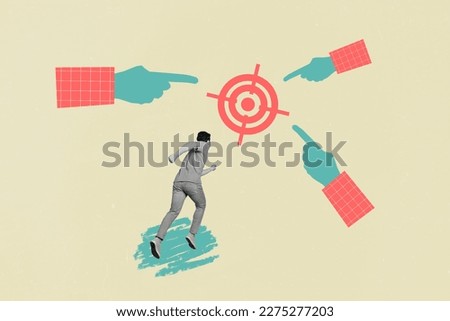 Creative motivation collage conceptual artwork design running fast guy goal target fingers point show correct direction isolated on gray background